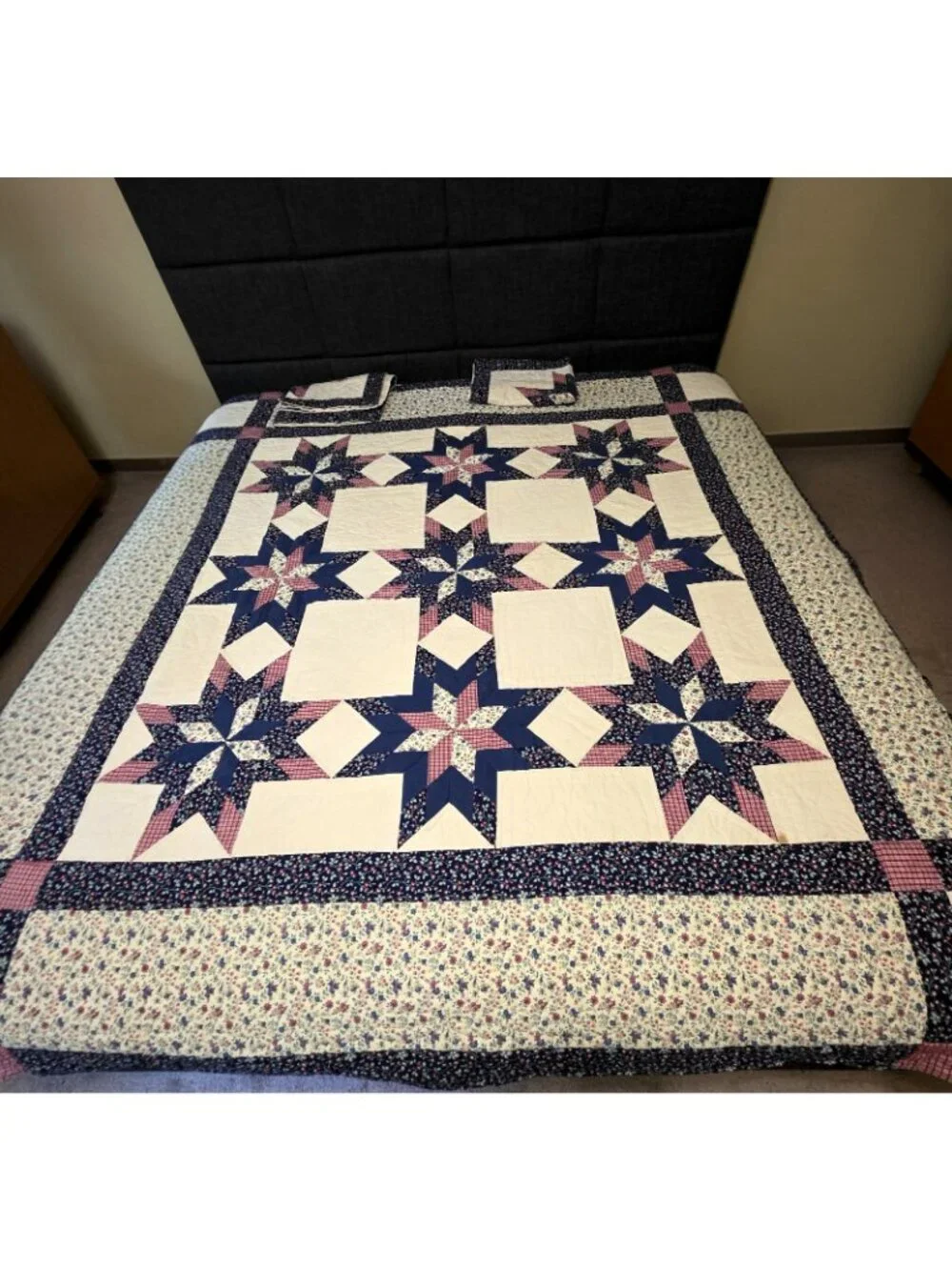 Vintage Arch Quilt 8 Point Star FULL QUEEN 84x84 Blue Floral Patchwork w. Shams